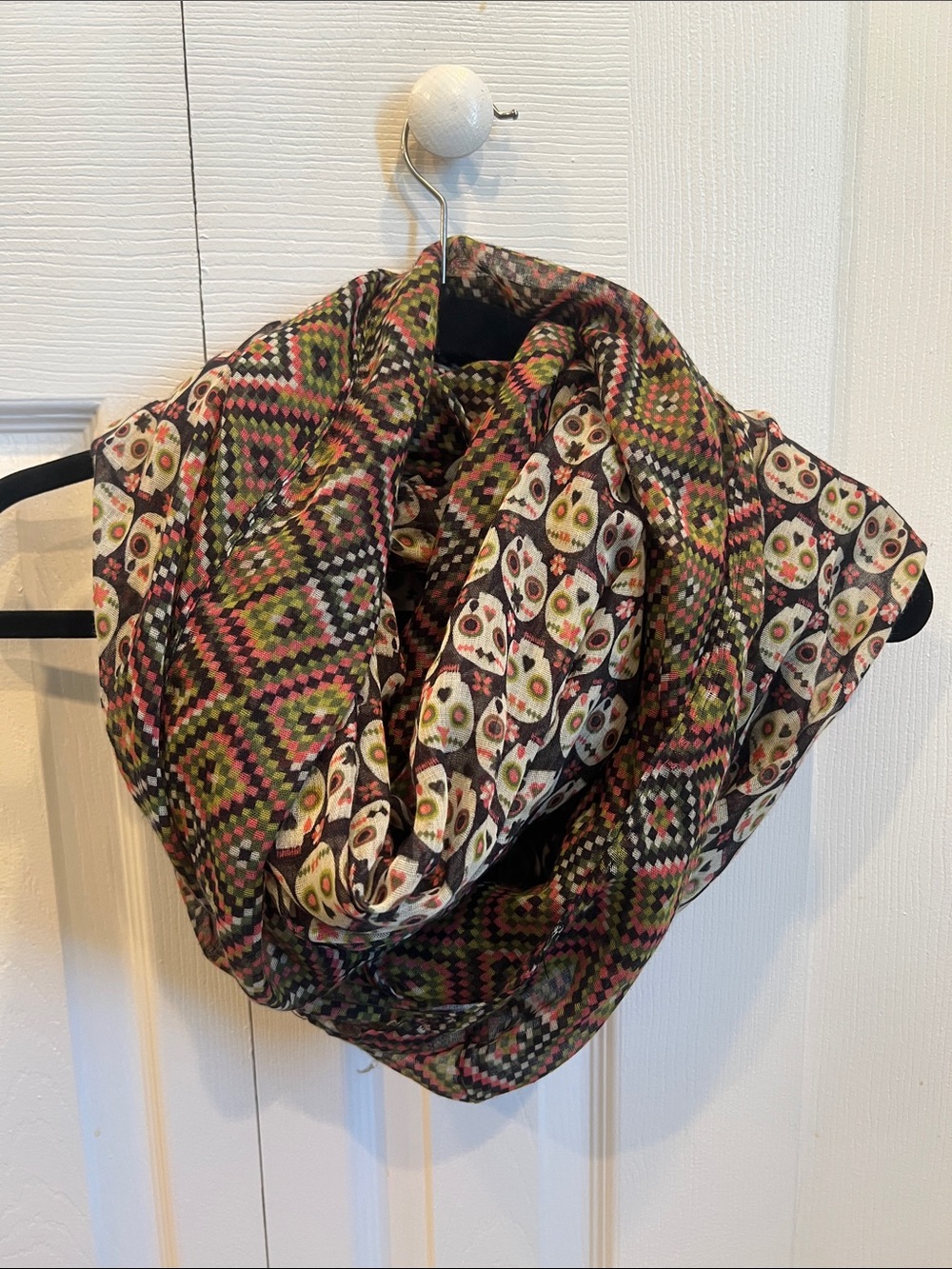 Lightweight Infinity Scarf with Sugar Skull & Geometric Print Black, Green, Pink